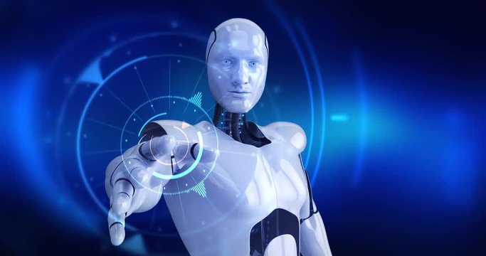 Humanoid male robot turning slowly and activating digital hud. 4K+ 3D digital animation.