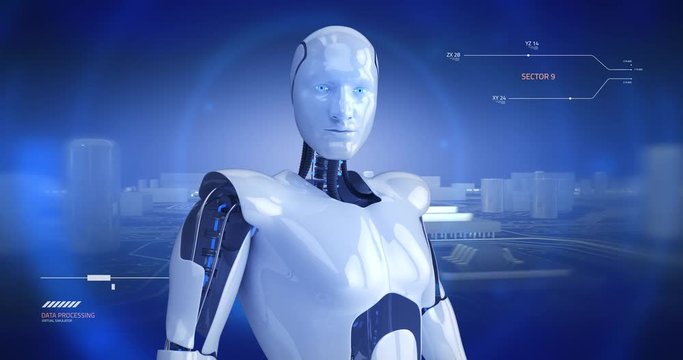Humanoid male robot turning slowly with computer motherboard animation. 4K+ 3D digital animation.