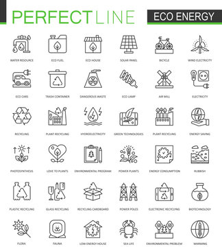 Eco energy thin line web icons set. Renewable green technology outline stroke icons design.