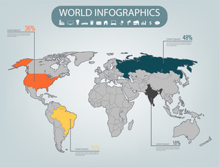World map infographic template. All countries are selectable. Vector