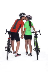 Couple with bike isolated on white, kiss each