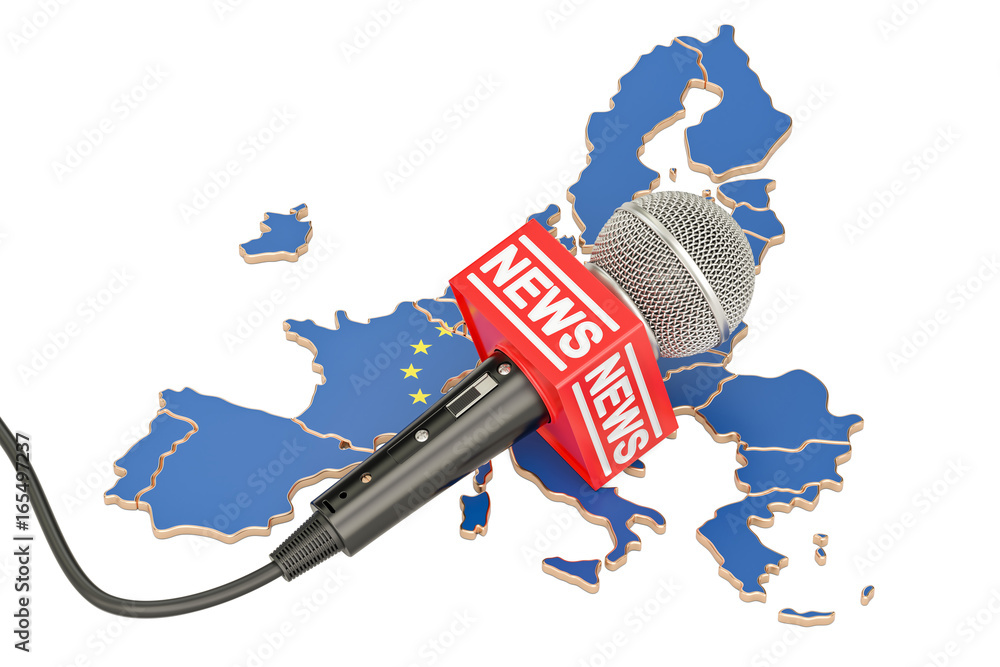 Poster european news concept, microphone news on the map of eu. 3d rendering