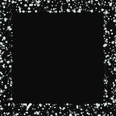 Beautiful falling snow. Square scattered border with beautiful falling snow on black background. Vector illustration.