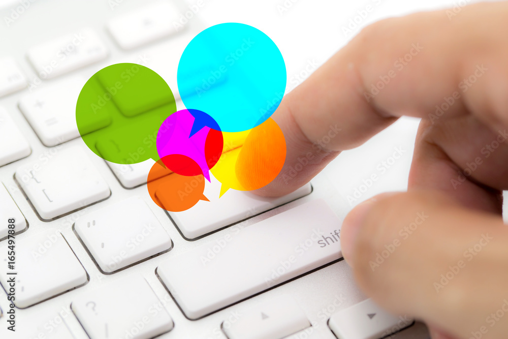 Poster social media keyboard with speech bubble sign. communication concept.