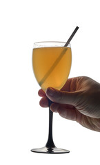 isolated cutout hand with glass of shake cocktail