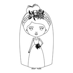 silhouette caricature cute woman in wedding dress with collected hair vector illustration