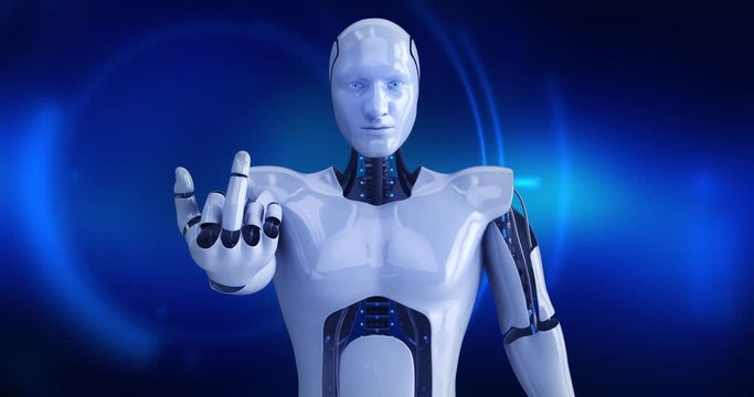 Humanoid futuristic male robot giving middle finger. 4K+ 3D digital animation.