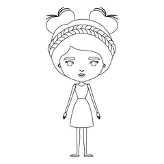 silhouette caricature skinny woman in dress with double bun hairstyle and braid vector illustration