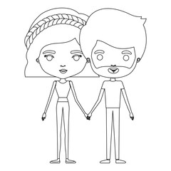 silhouette caricature thin couple in clothes of bearded man and woman with straight short braided hairstyle holding hands vector illustration