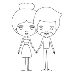 silhouette caricature thin couple of bearded man and woman in dress holding hands vector illustration