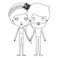 silhouette caricature thin couple in clothes of bearded man and woman with side ponytail braided hairstyle holding hands vector illustration