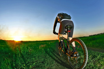 cyclist rides on the road into the sunset.