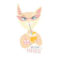 Cute cat in swimsuit with cocktail. Welcome in paradise. Time relax. Rest. Travel. Hand drawn animal. Summer. Banner, poster, advertising or sticker. Vector illustration, eps10
