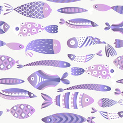 Seamless pattern with fishes. Hand drawn undersea world. Colorful artistic background. Aquarium. Can be used for wallpaper, textiles, wrapping, card, cover. Vector illustration, eps10