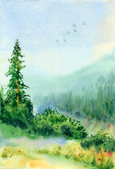 Obraz premium Watercolor painting. Summer landscape with mountains and spruce.