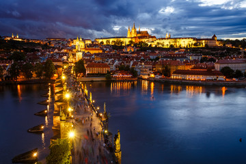 Night Charles Bridge and St. Vitus Cathedral in Prague