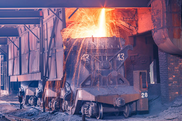Liquid metal from blast furnace in the steel plant,industry landscape