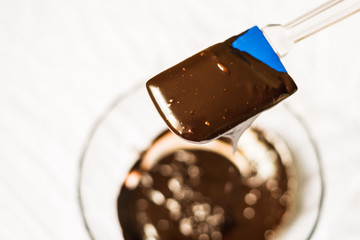 Melted chocolate ganache against white background