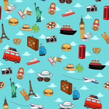 Seamless Vacation Travel Pattern Wallpaper Background