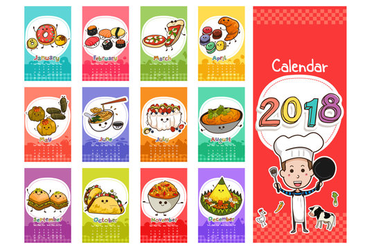 2018 Food Themed Calendar in Cartoon Style