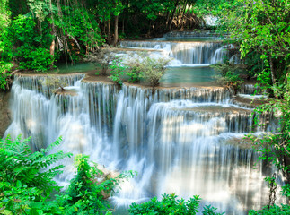 Deep forest waterfall at Huay Mae Kamin waterfall National Park Kanjanaburi Thailand