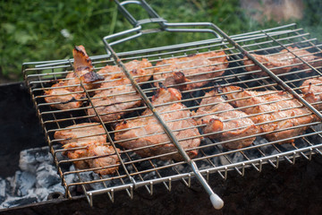 BBQ meat on the grill delicious chunks of grilled. Grilling of meat. Selective focus