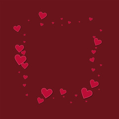 Red stitched paper hearts. Square abstract mess on wine red background. Vector illustration.