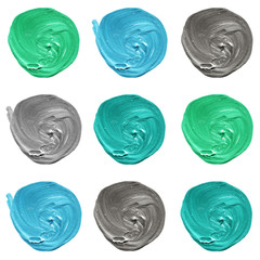 Blue, mint, gray pastel polka dot seamless pattern, acrylic dotted background.