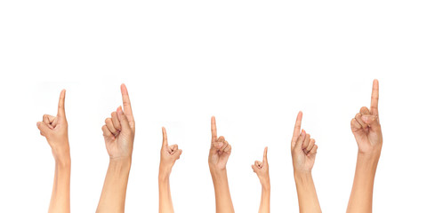 Woman hands point the way on white background.