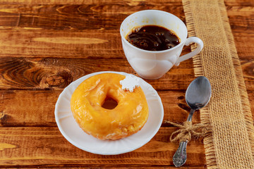 wooden table coffee sweets Donuts breakfast