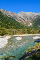 北アルプス　穂高連峰と梓川　上高地からの眺め