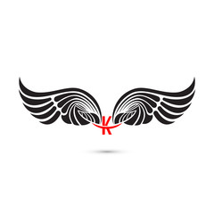 K-letter sign and angel wings.Monogram wing logo mockup.Classic emblem.Elegant dynamic alphabet letters with wings.Creative design element.Corporate branding identity