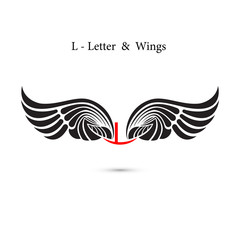 L-letter sign and angel wings.Monogram wing logo mockup.Classic emblem.Elegant dynamic alphabet letters with wings.Creative design element.Corporate branding identity.