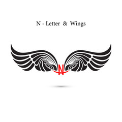 N-letter sign and angel wings.Monogram wing logo mockup.Classic emblem.Elegant dynamic alphabet letters with wings.Creative design element.Corporate branding identity