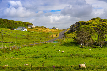 Rural landscape with village houses near the slieve league rocks. County Donegal. Ireland