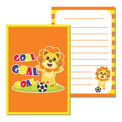 Cute paper note with cute lion plays football vector cartoon illustration for kid paper, scrap book and postcard design