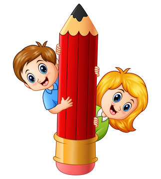 Cartoon kids holding pencil