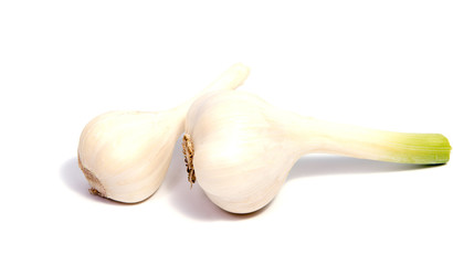 .Fresh organic garlic and cutted garlic clove isolated on white background