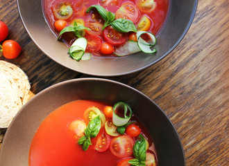 Homemade Gazpacho tomato soup in brown bowl. Healthy eating concept