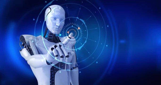 Humanoid male robot activating digital hud. 4K+ 3D digital animation.