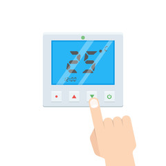 Electronic Thermostat with Hand Which is pressing button. Vector illustration.
