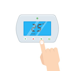 Electronic Thermostat with Hand Which is pressing button. Vector illustration.