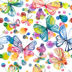 Watercolor background with butterflies and bubbles, seamless pattern