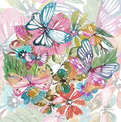 Watercolor beautiful floral design with butterflies