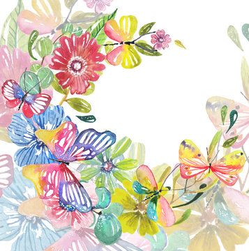 Watercolor beautiful floral design with butterflies