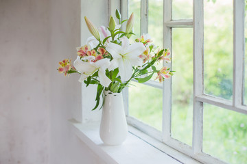 beautiful white lily in vase on windowsill