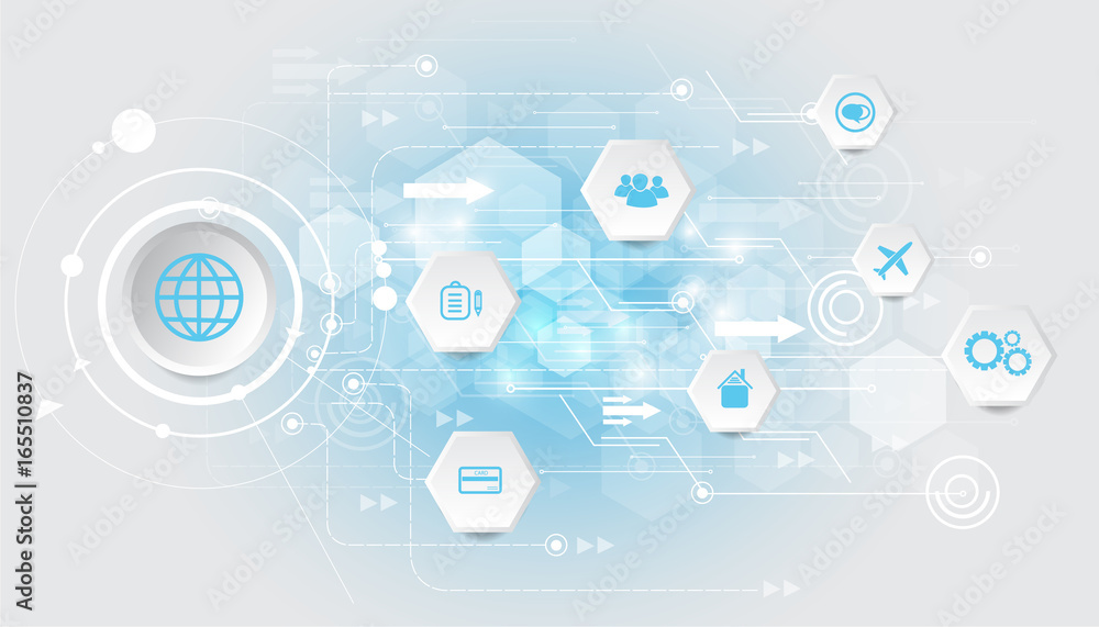 Wall mural abstract technology circuit diagram vector background with business icons.