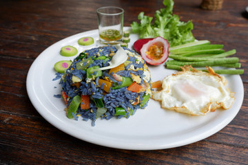 Close up Fried Blue rice from petal of butterfly pea flowers