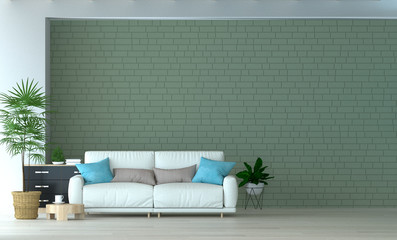 interior design with coffee table and sofa in the empty room 3D rendering white and green wall background home