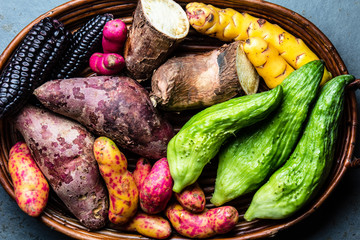 Fresh peruvian Latin American vegetables caigua, sweet potatoes, black corn, camote, yuca